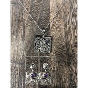 Vintage Sterling Silver  Amethyst Necklace  & Earrings Set, Signed Rider